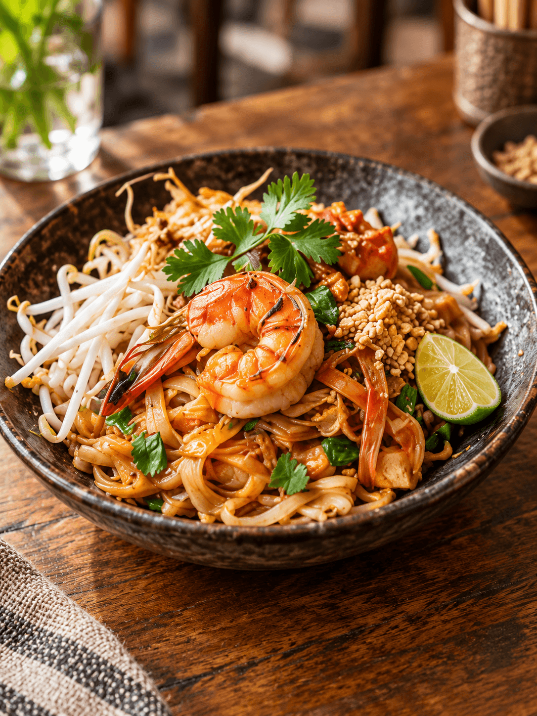 Illustrative photograph of pad thai with prawns, herbs, and lime